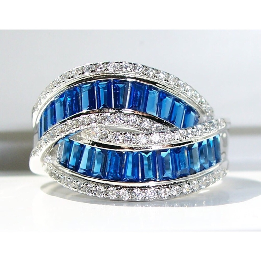 925 STERLING SILVER Blue Spinel & Cubic Zirconia Crossover Ring - Picture 1 of 15